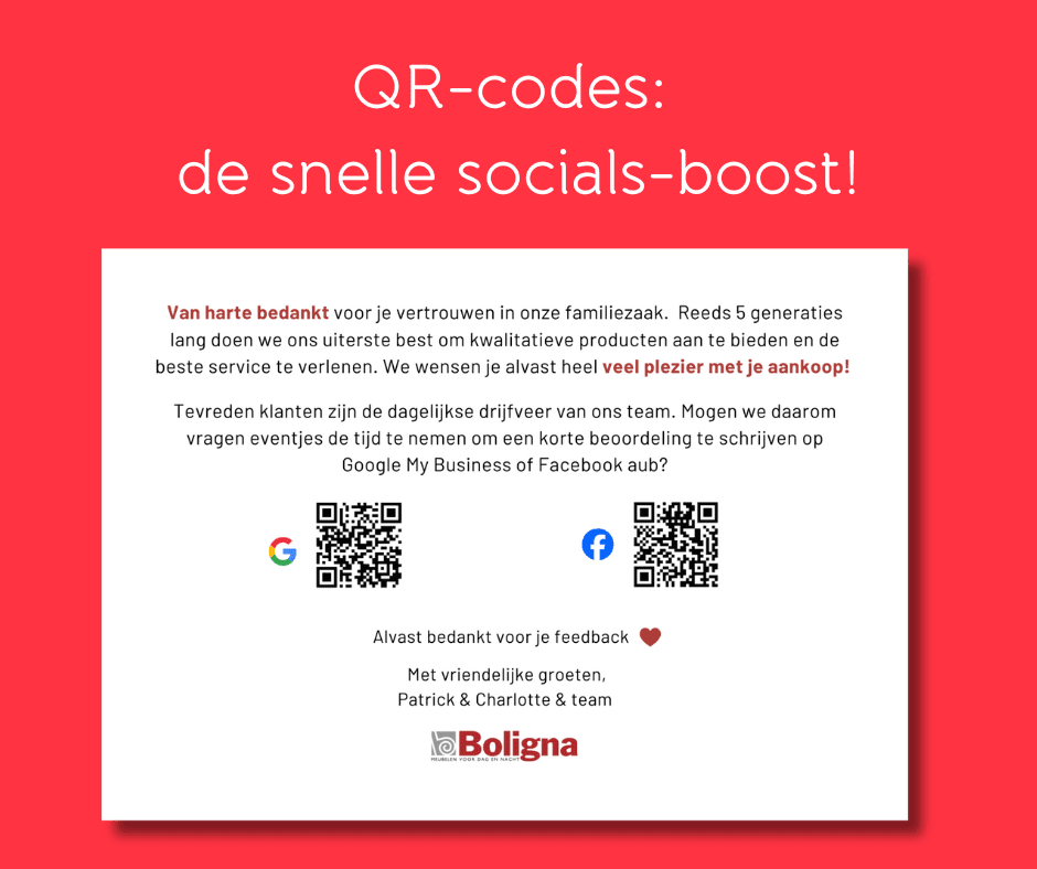 QR-codes om snel te verwijzen naar jouw social media of plaatsen voor beoordelingen (reviews) 